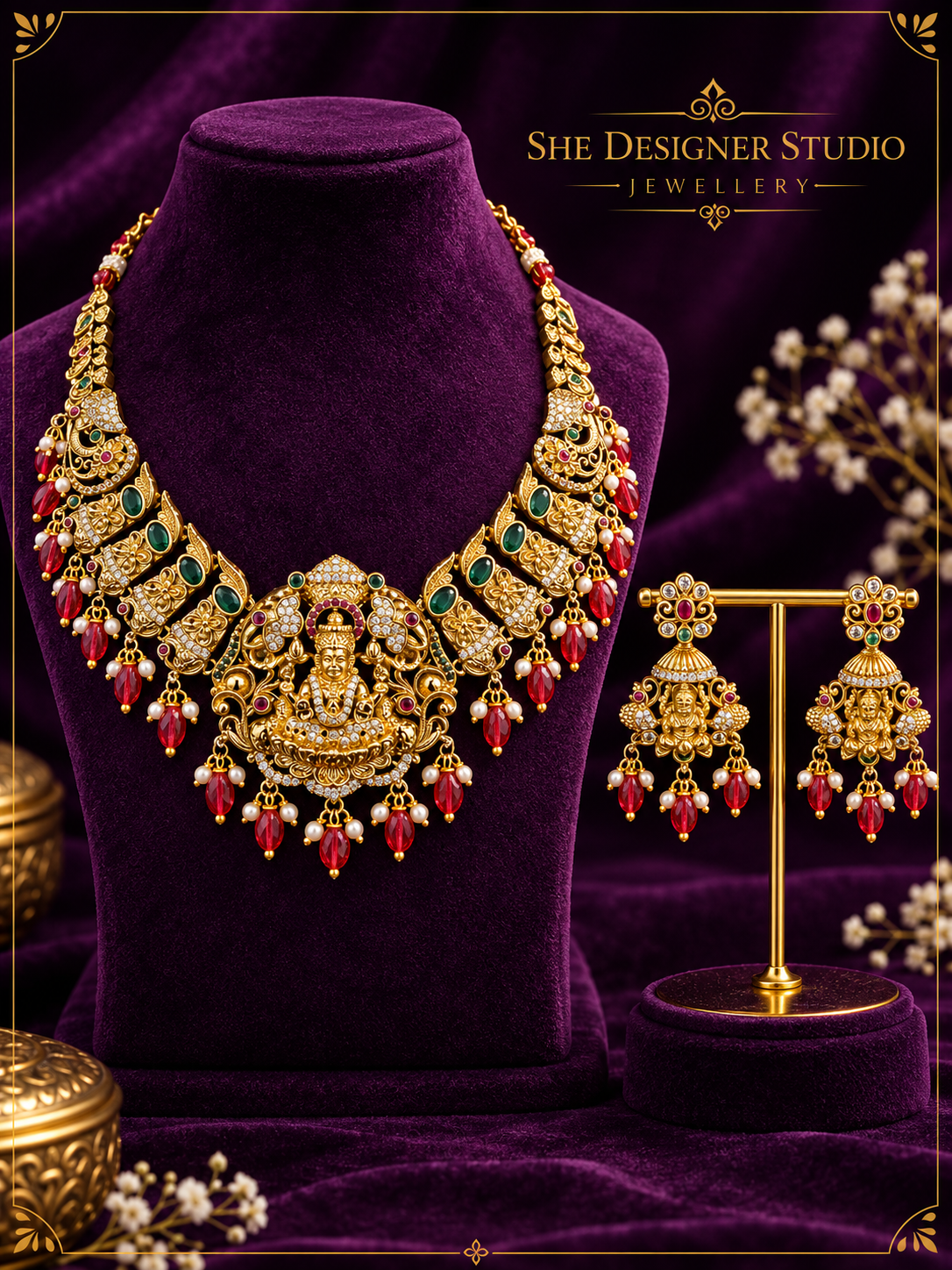 Lakshmi Ruby Emerald Temple Necklace Set