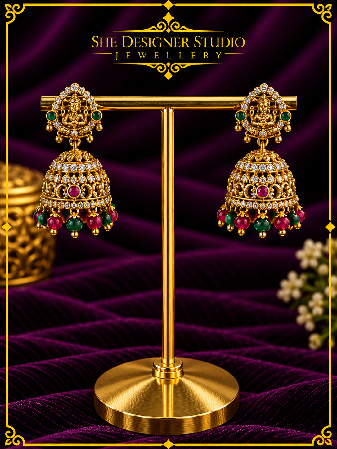 Temple Goddess Multicolor Jhumka Earrings