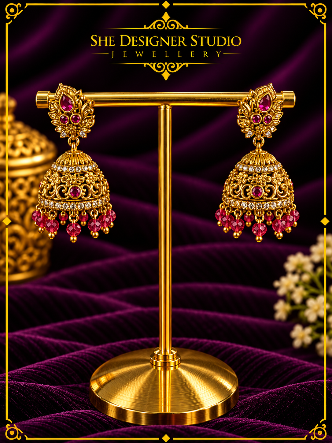 Ruby Floral Antique Jhumka Earrings