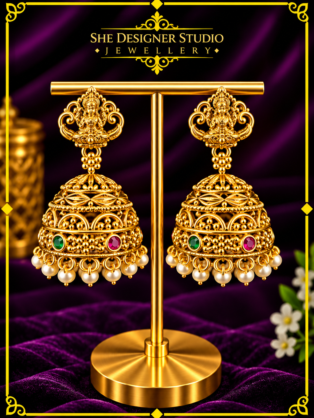 Lakshmi Temple Pearl Jhumka Earrings