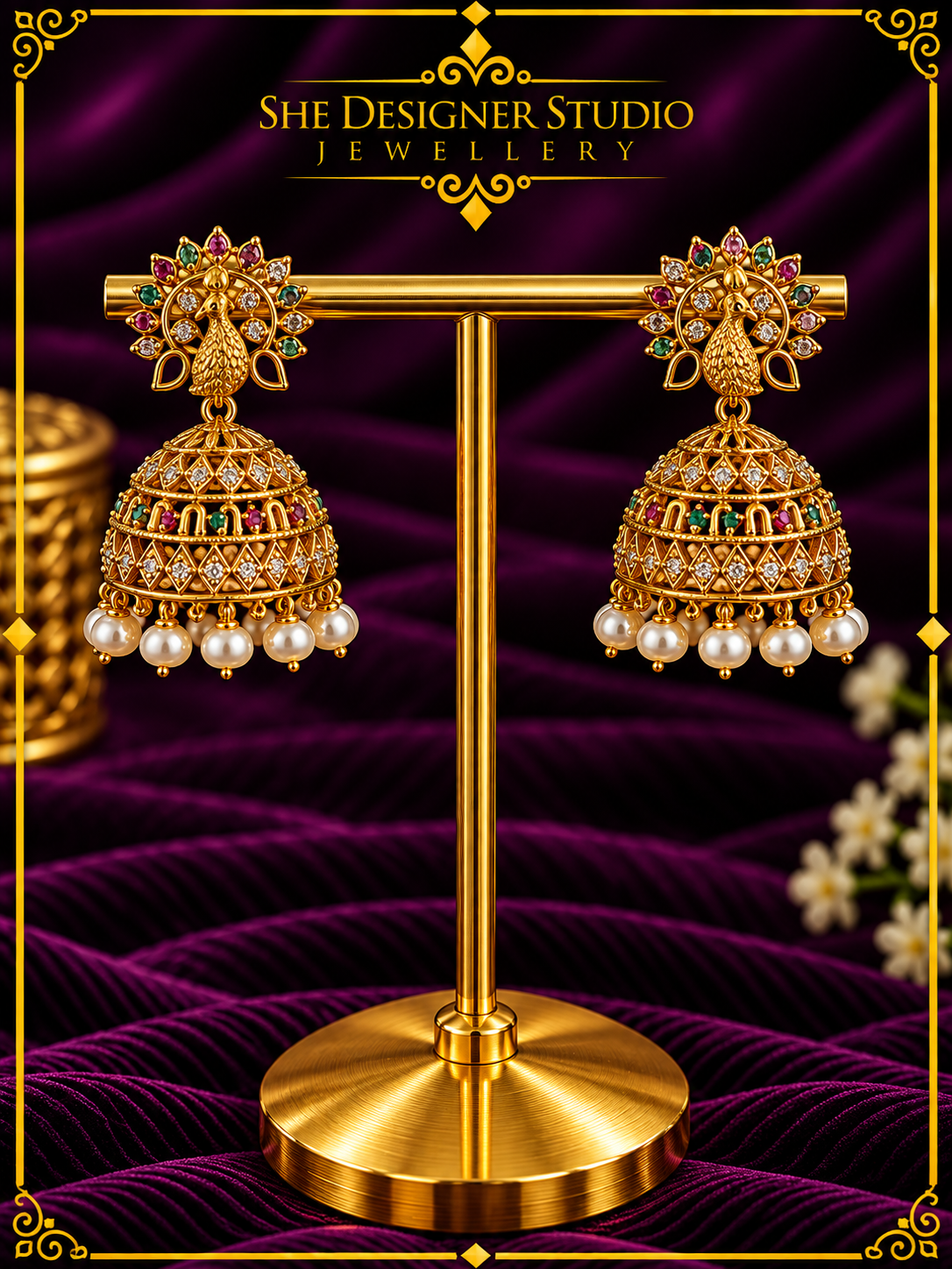 Peacock Multicolor Temple Jhumka Earrings