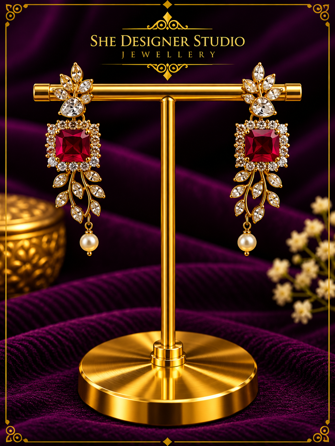 Ruby Red Crystal Leaf Drop Earrings