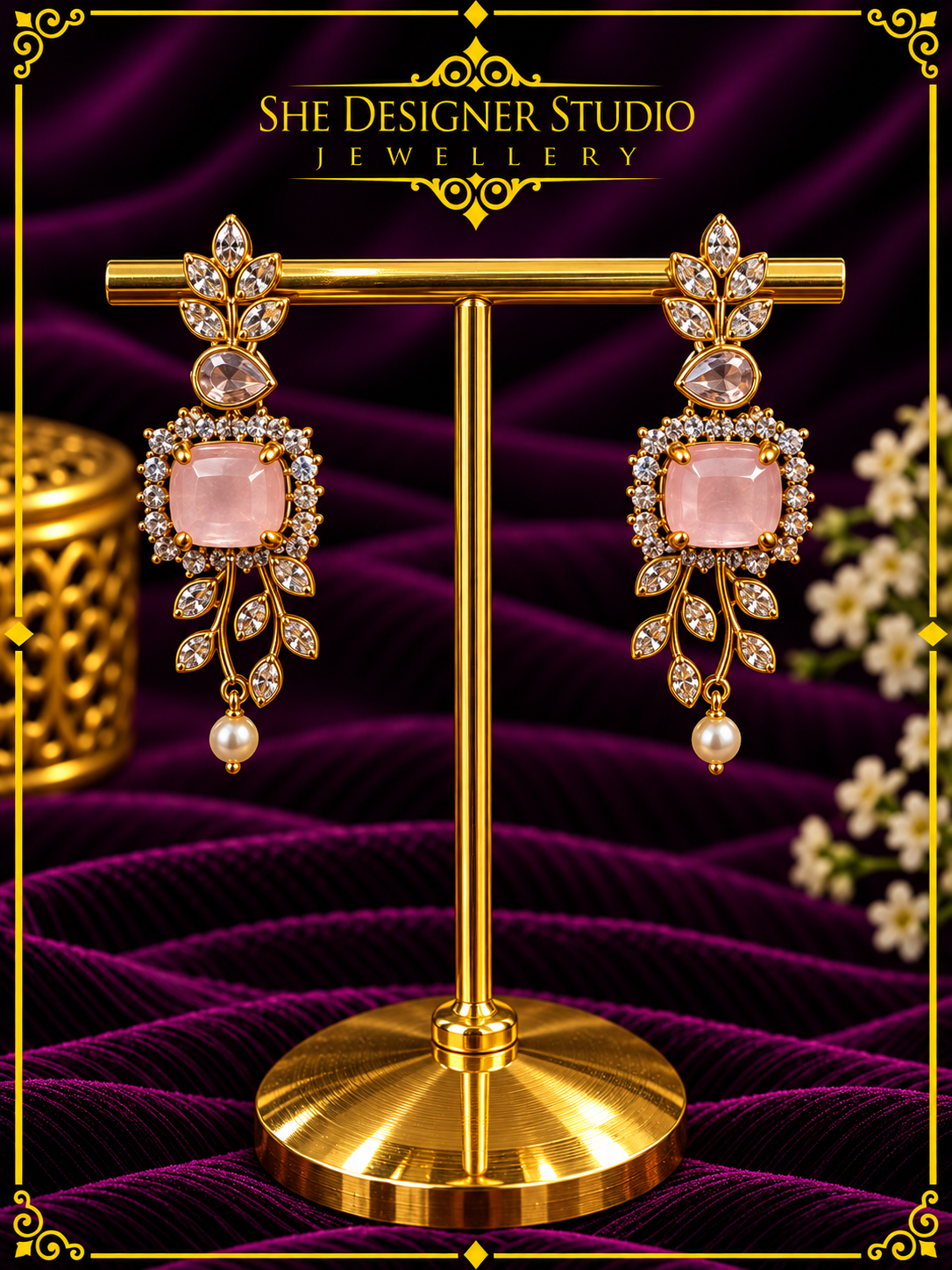 Blush Pink Crystal Leaf Drop Earrings