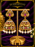Peacock Ruby Pearl Antique Gold Jhumka Earrings