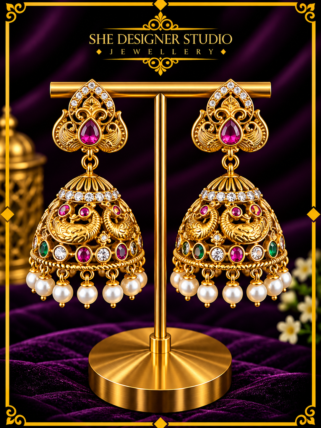 Peacock Ruby Pearl Antique Gold Jhumka Earrings