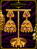 Peacock Ruby Antique Gold Jhumka Earrings