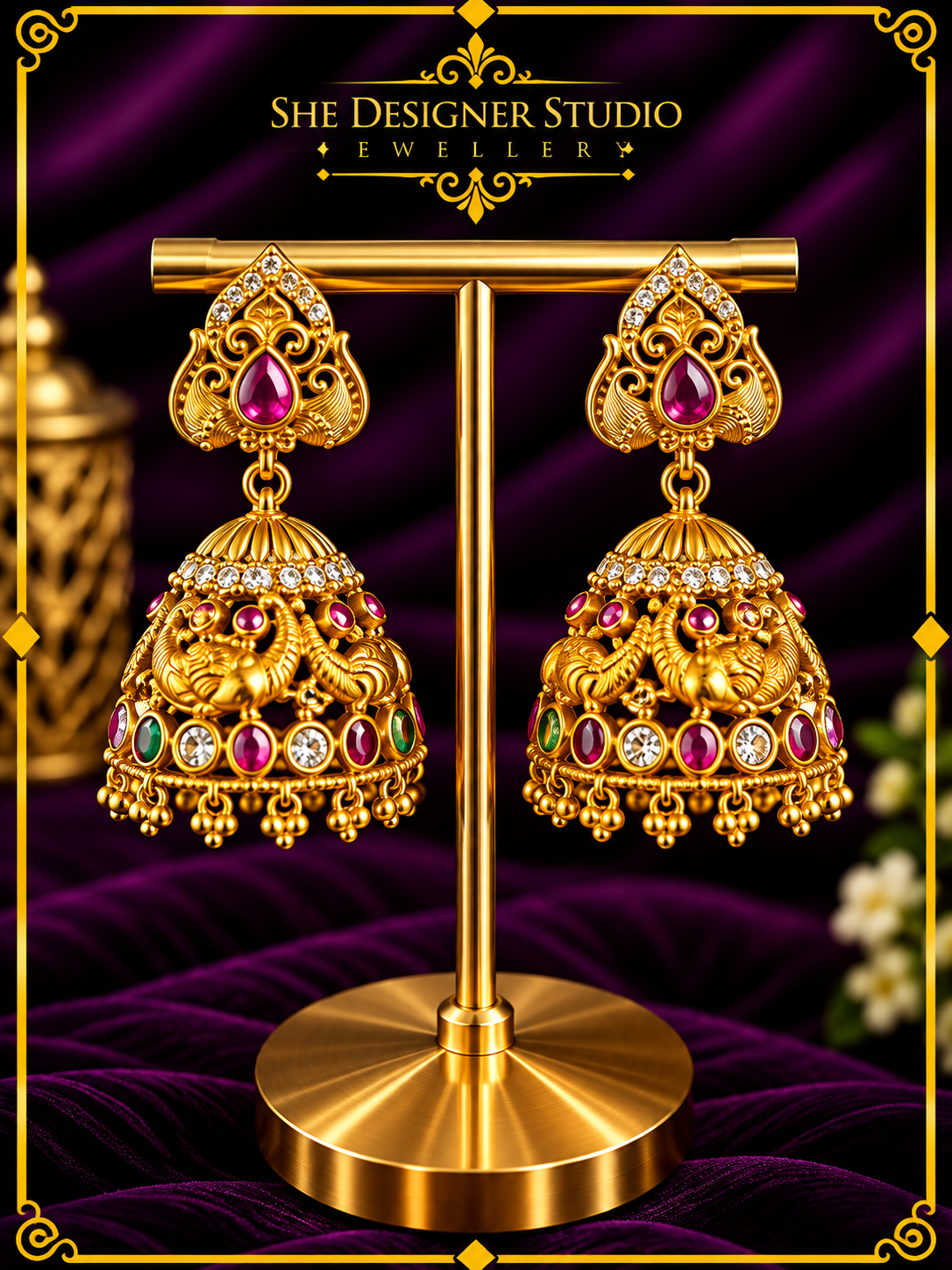 Peacock Ruby Antique Gold Jhumka Earrings