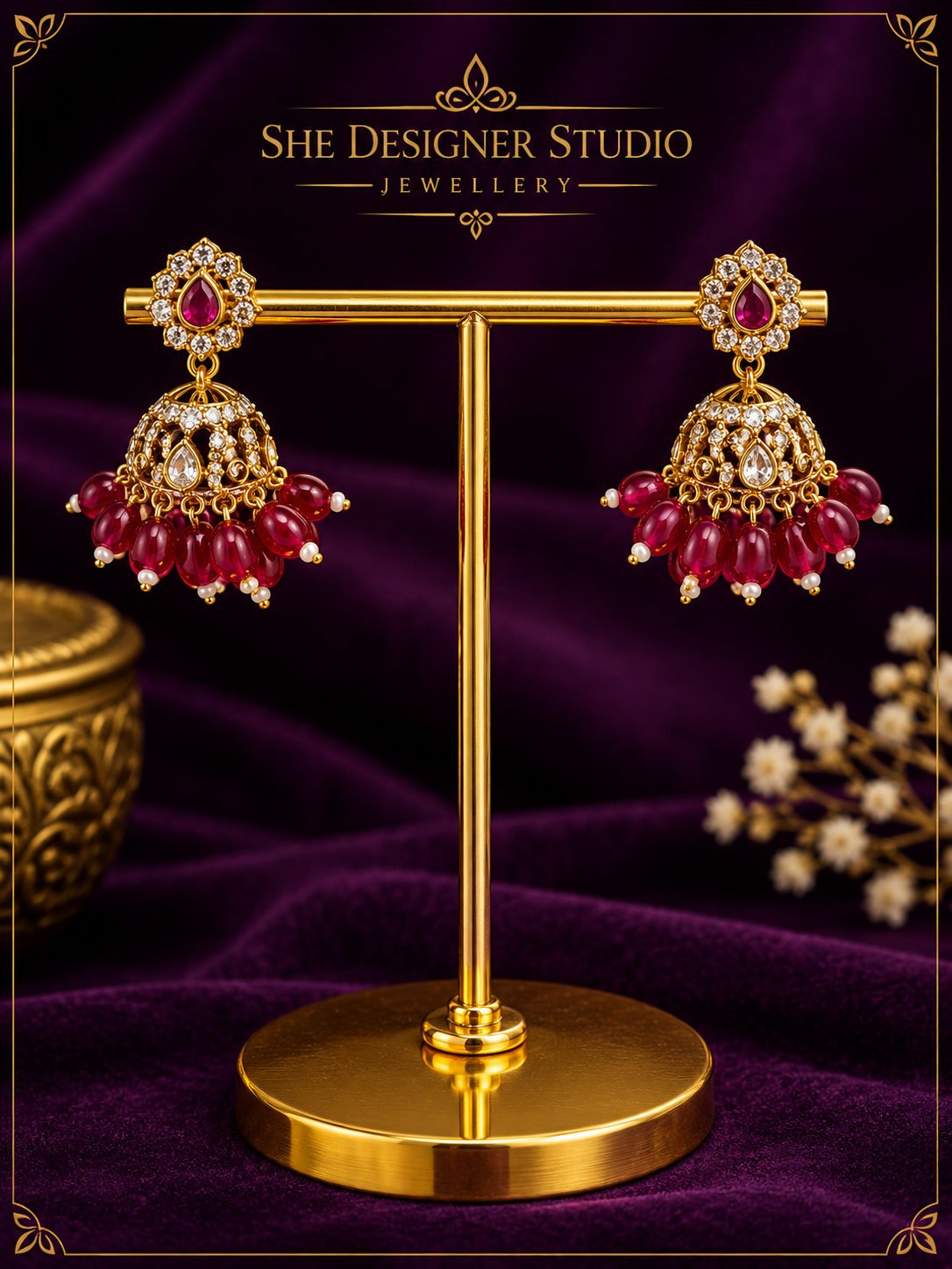 Ruby Crystal Bead Designer Jhumka Earrings