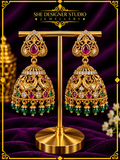 Peacock Ruby Emerald Antique Gold Jhumka Earrings