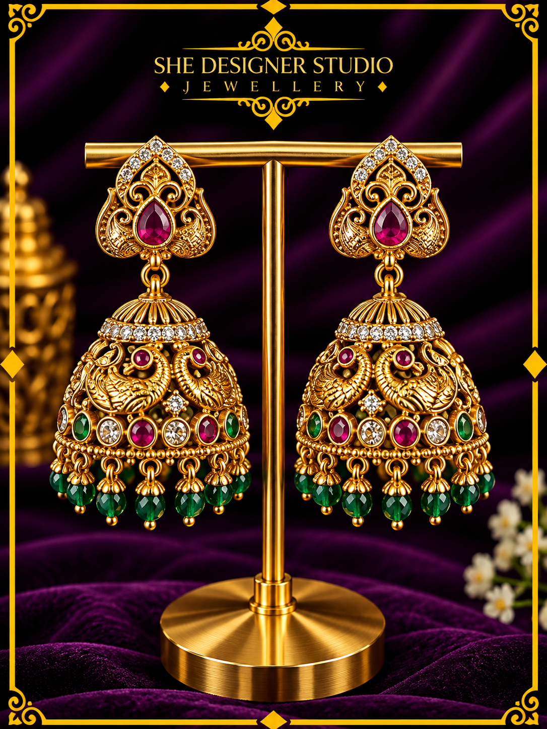 Peacock Ruby Emerald Antique Gold Jhumka Earrings