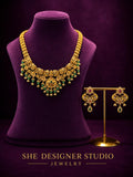 Traditional Emerald Bead Antique Gold Necklace & Earrings Set