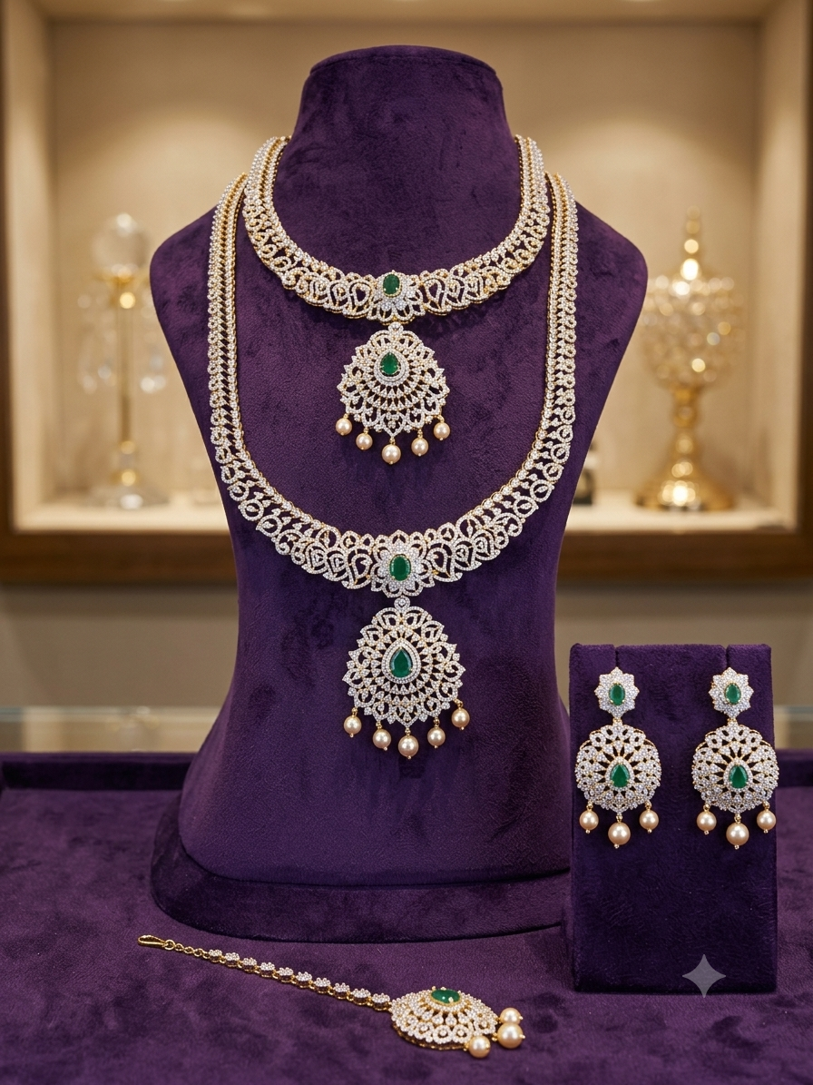 Emerald CZ Bridal Layered Necklace Set