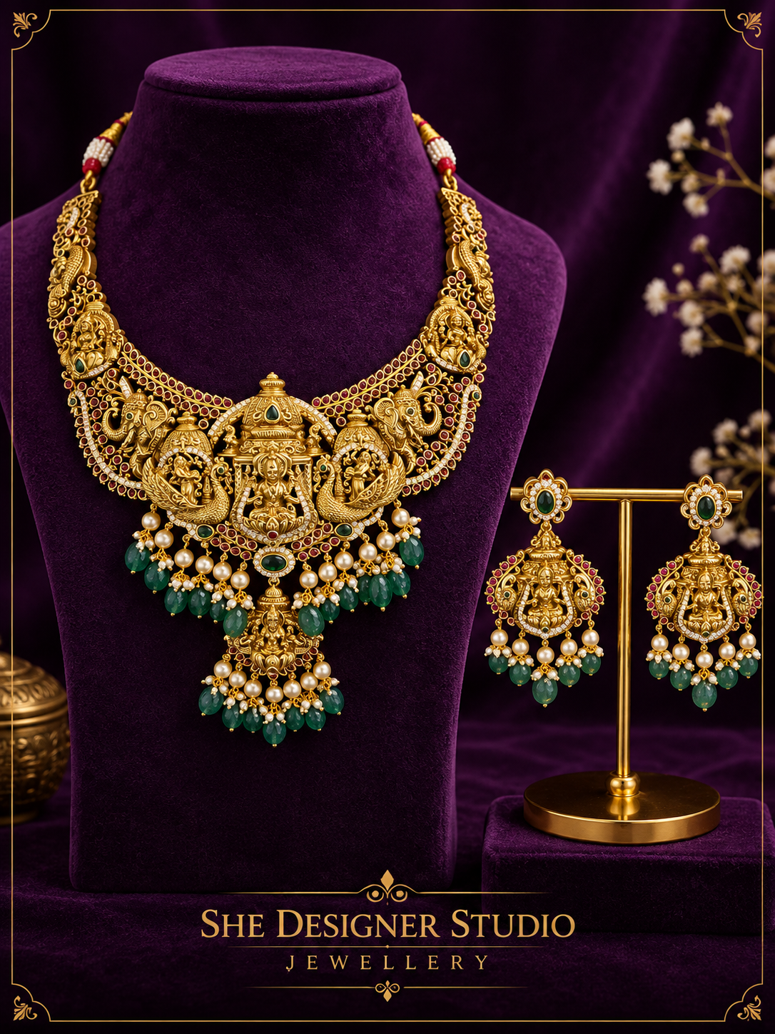 Lakshmi Peacock Grand Temple Necklace & Earrings Set