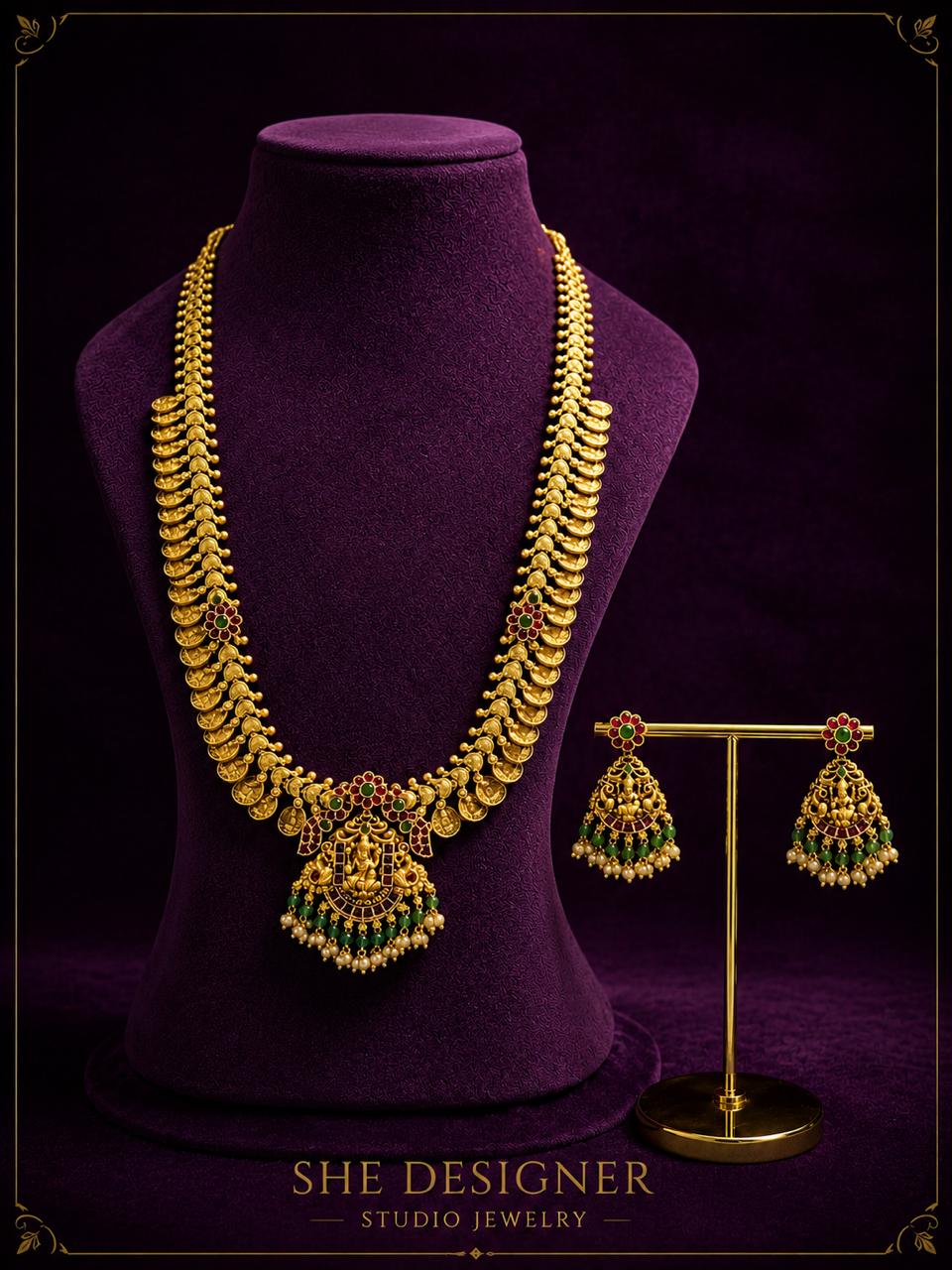 Lakshmi Kasu Mala Temple Necklace & Jhumka Set