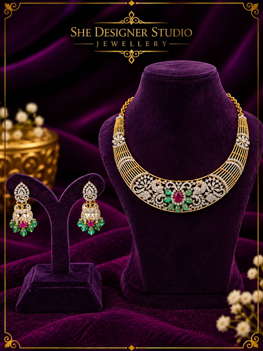 Ruby Emerald Floral CZ Necklace & Earrings Set