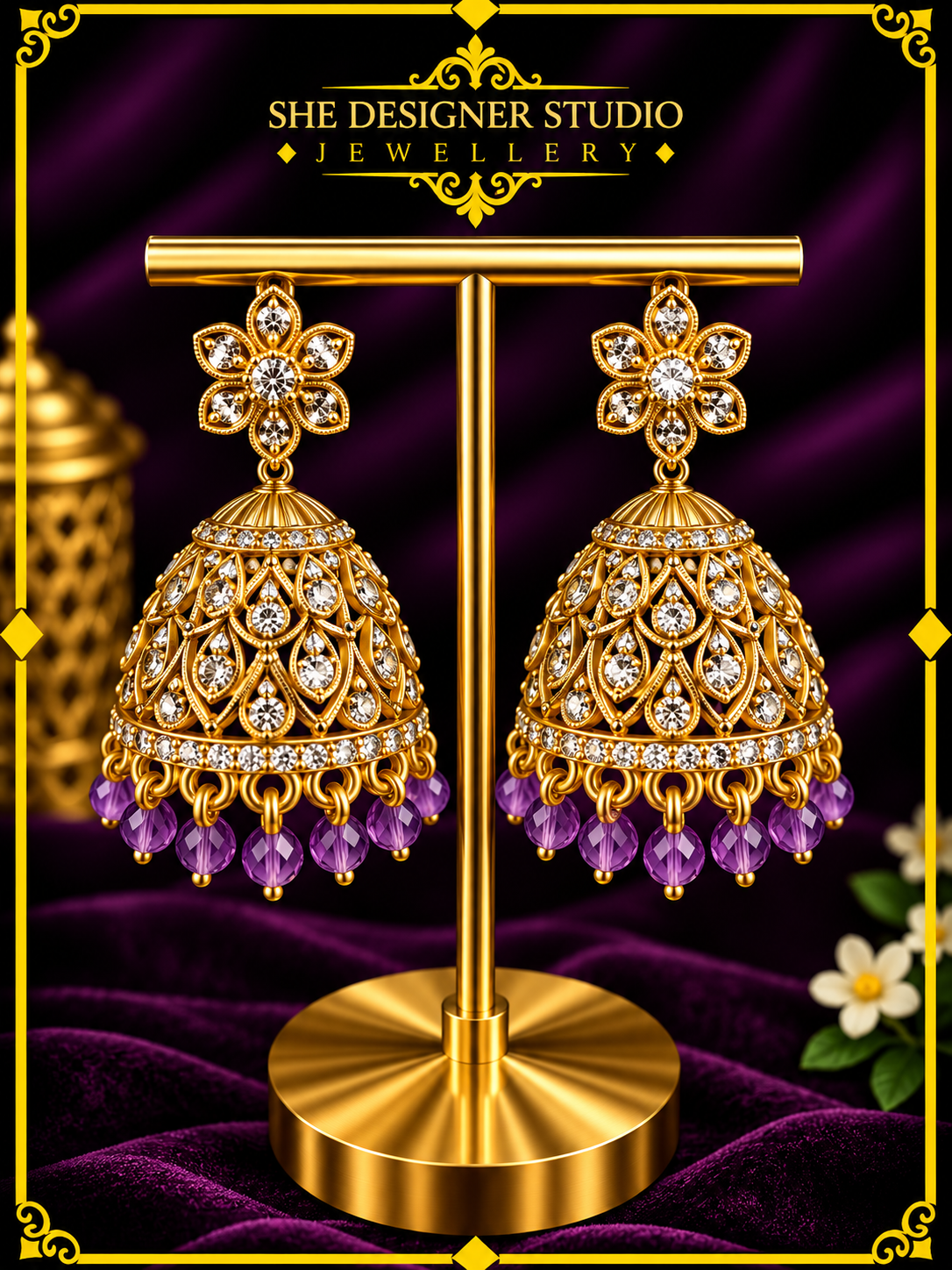 Crystal Floral Purple Bead Designer Jhumka Earrings