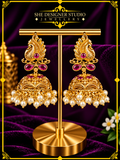 Peacock Ruby Pearl Antique Gold Jhumka Earrings