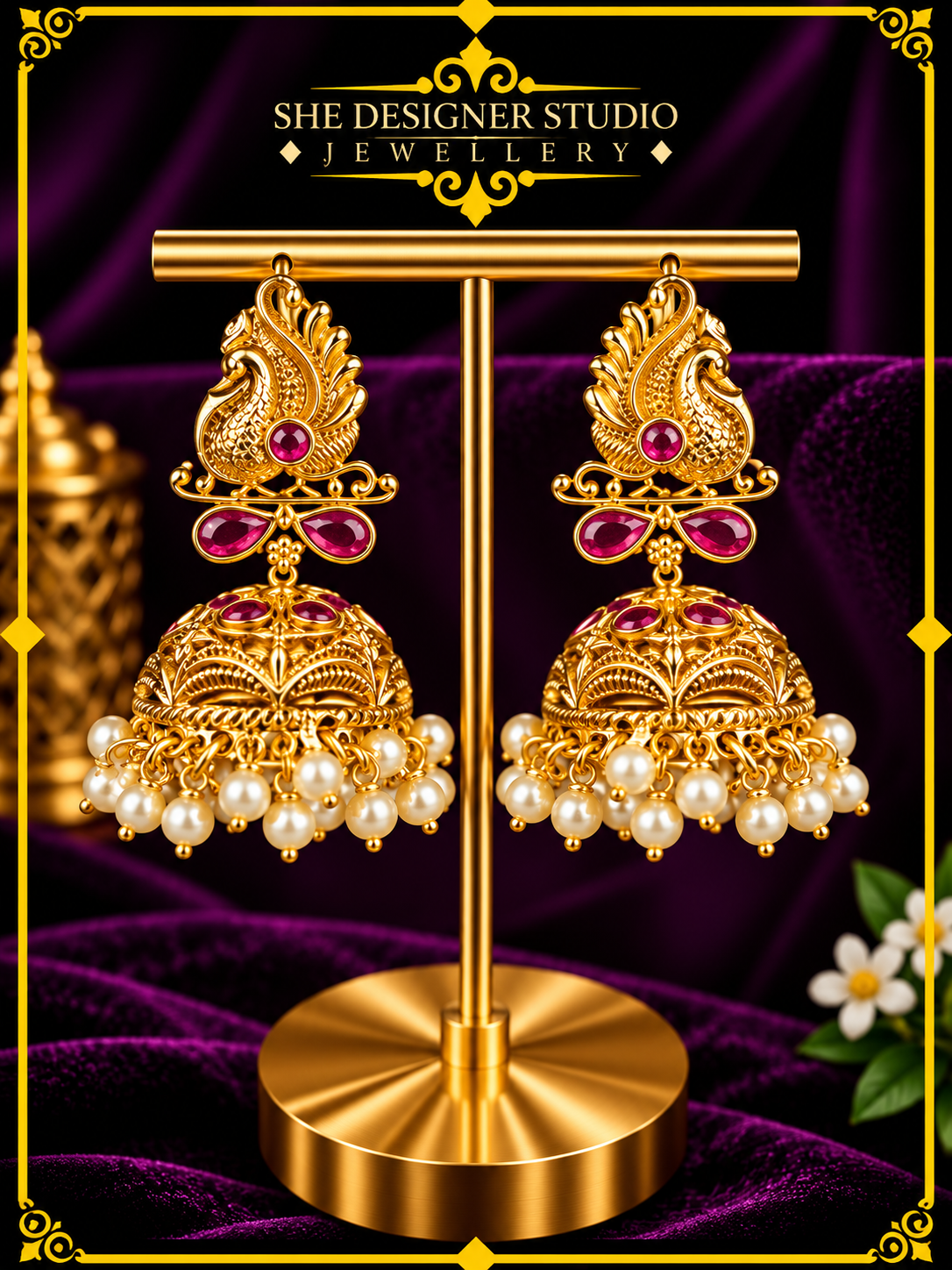 Peacock Ruby Pearl Antique Gold Jhumka Earrings