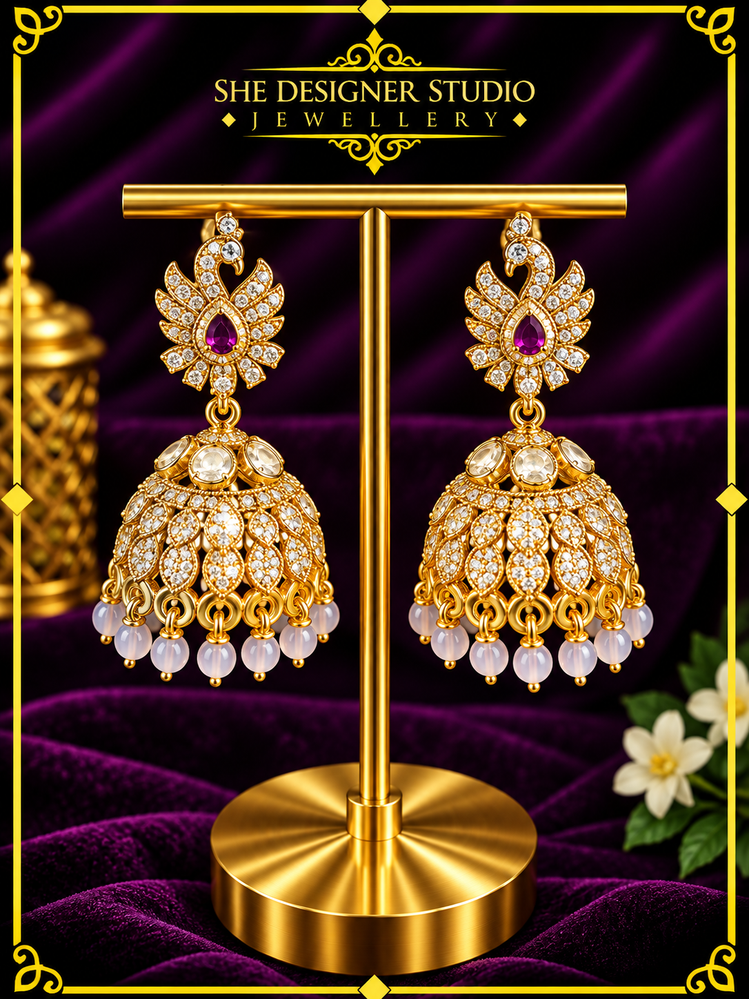 Peacock Ruby Crystal Bead Jhumka Earrings