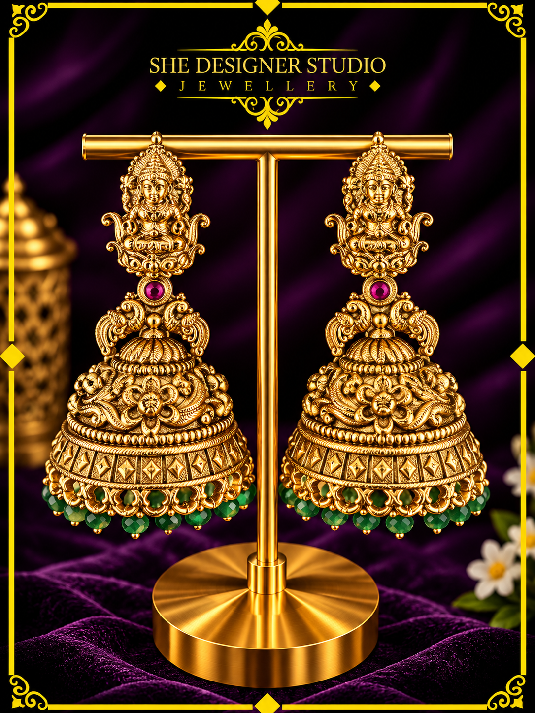 Lakshmi Heritage Emerald Bead Temple Jhumka Earrings