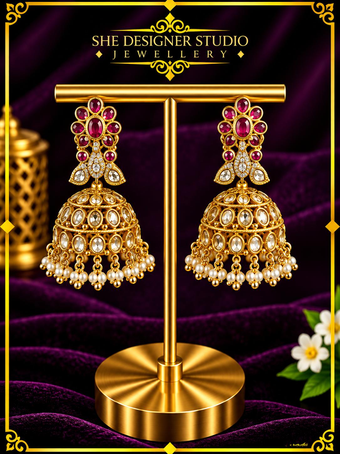 Ruby Floral Kundan Pearl Jhumka Earrings