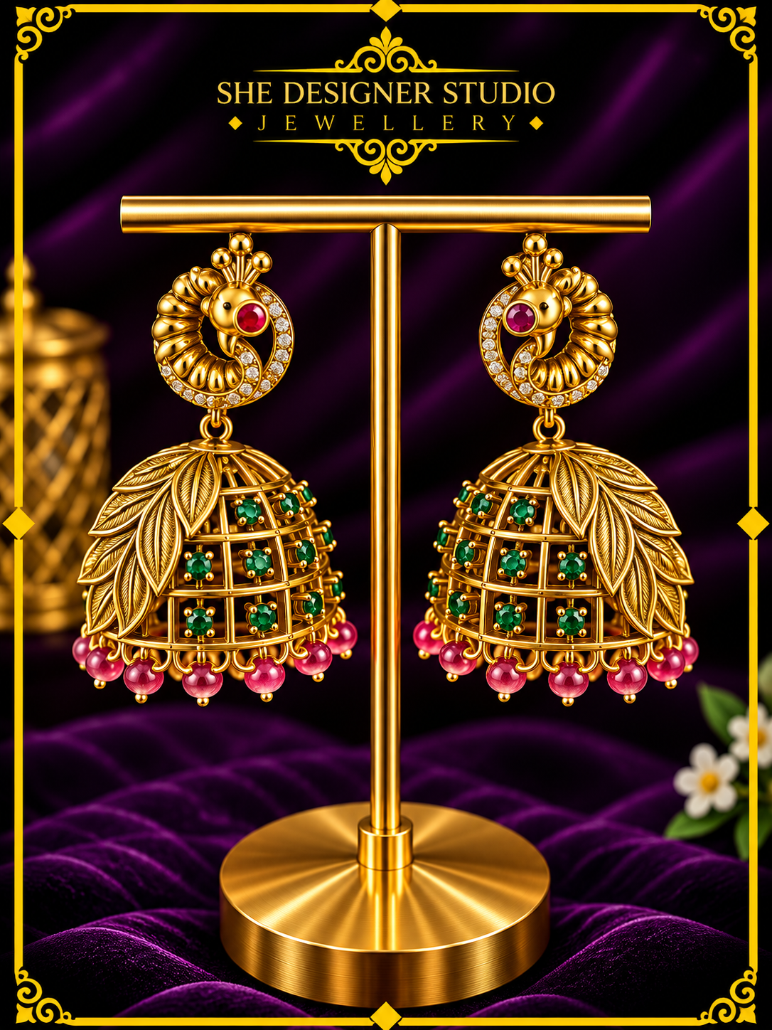 Peacock Cage Ruby Emerald Jhumka Earrings