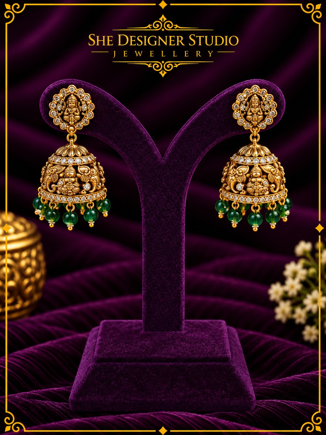 Goddess Emerald Temple Jhumka Earrings