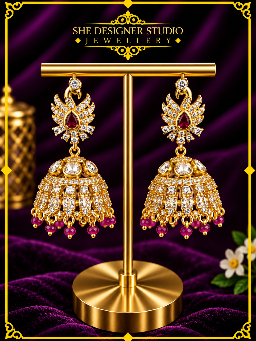 Ruby Peacock Crystal Jhumka Earrings