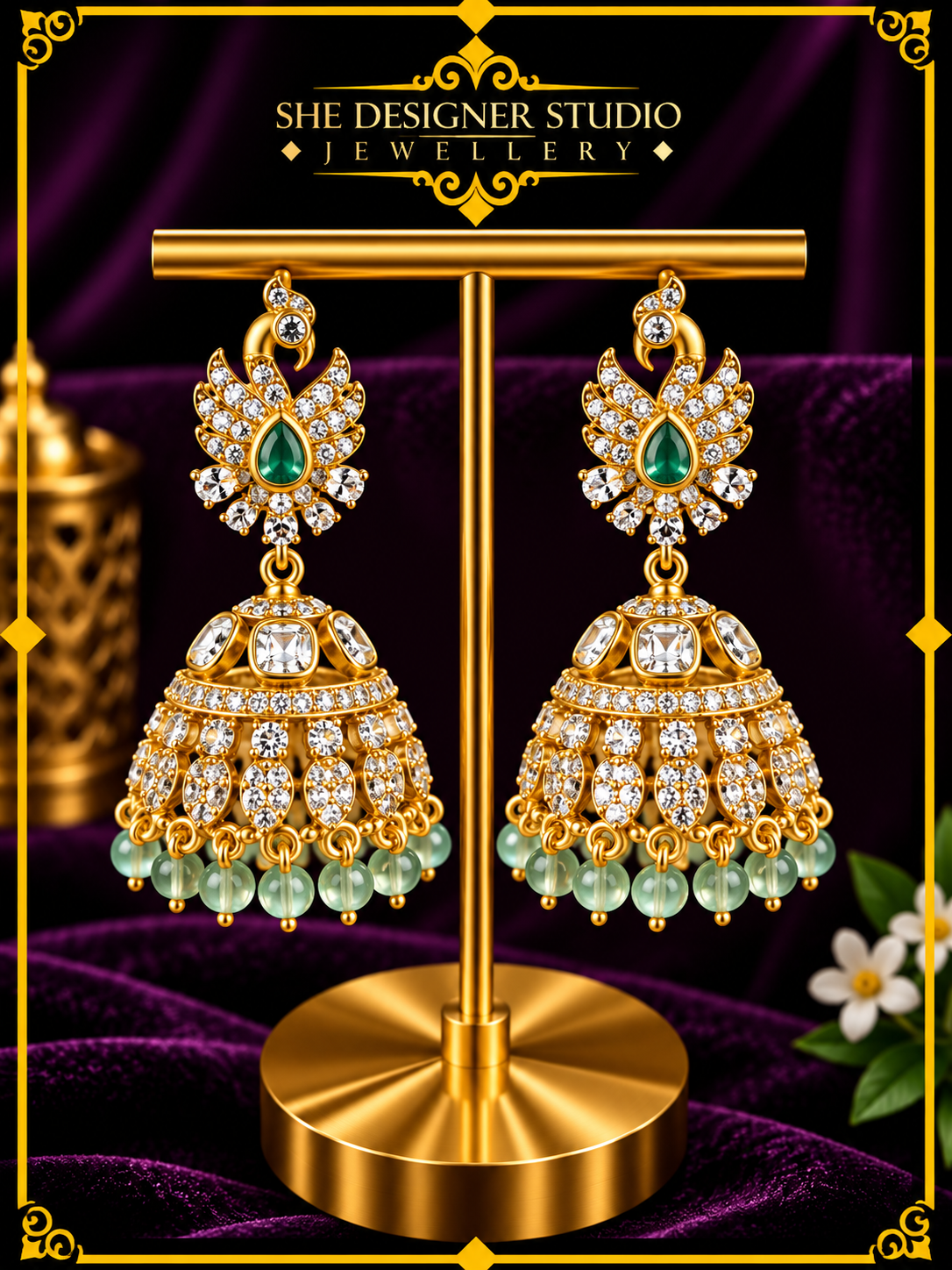 Emerald Peacock Crystal Jhumka Earrings