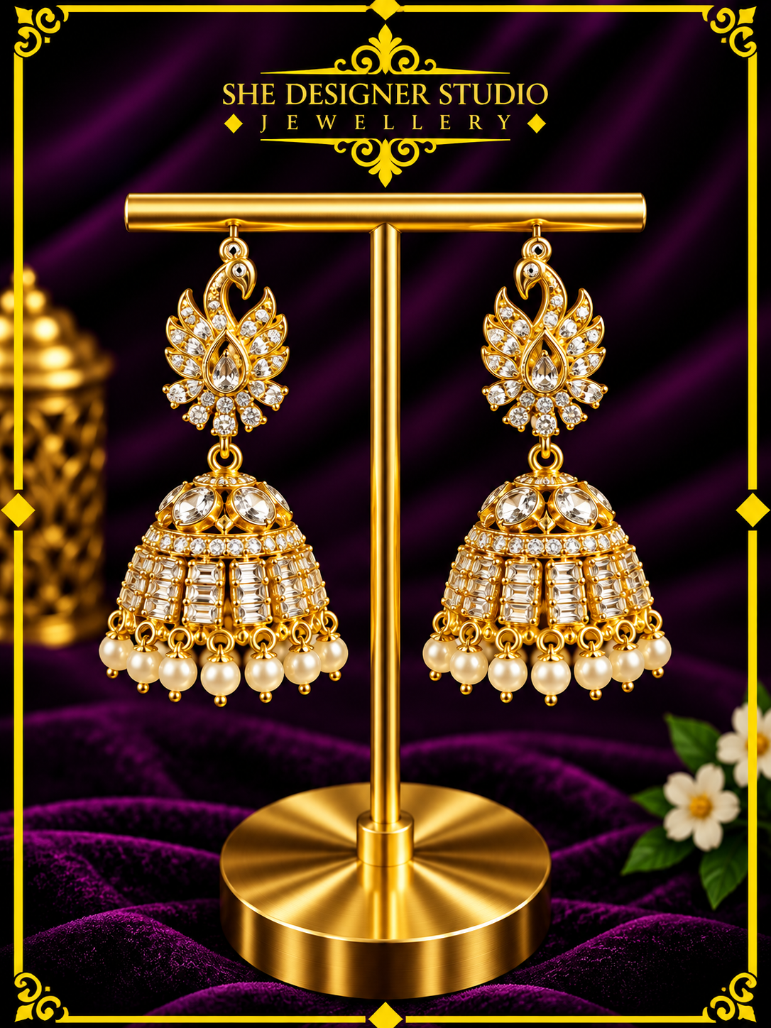 Peacock Crystal Pearl Jhumka Earrings