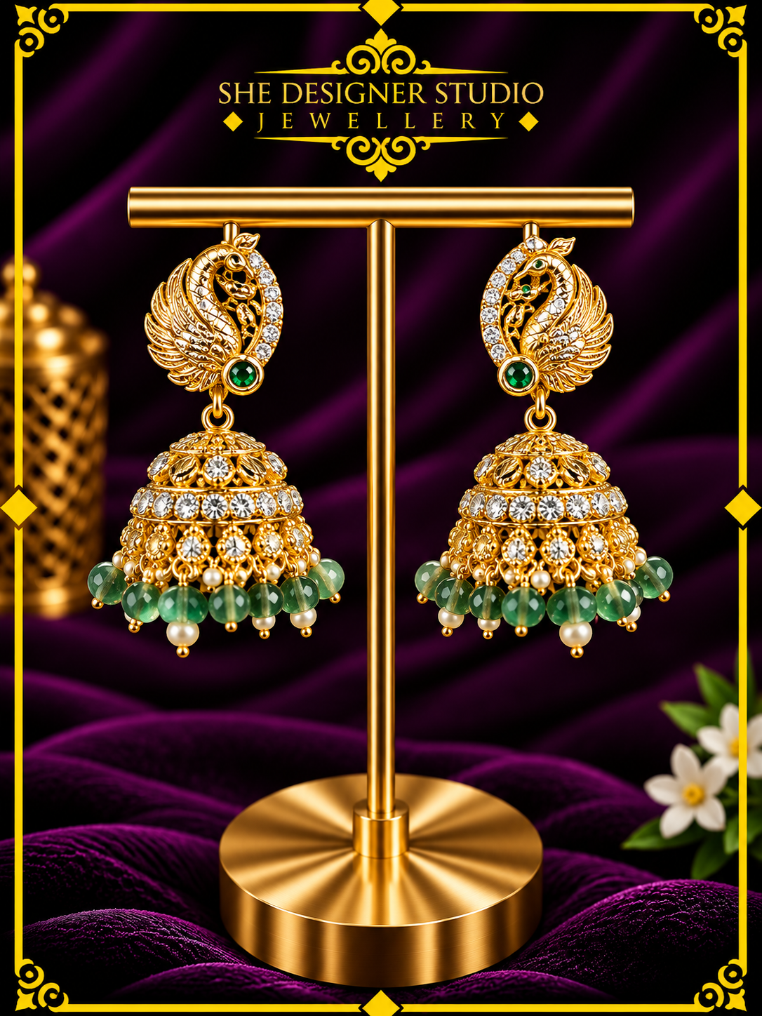 Peacock Emerald Crystal Jhumka Earrings