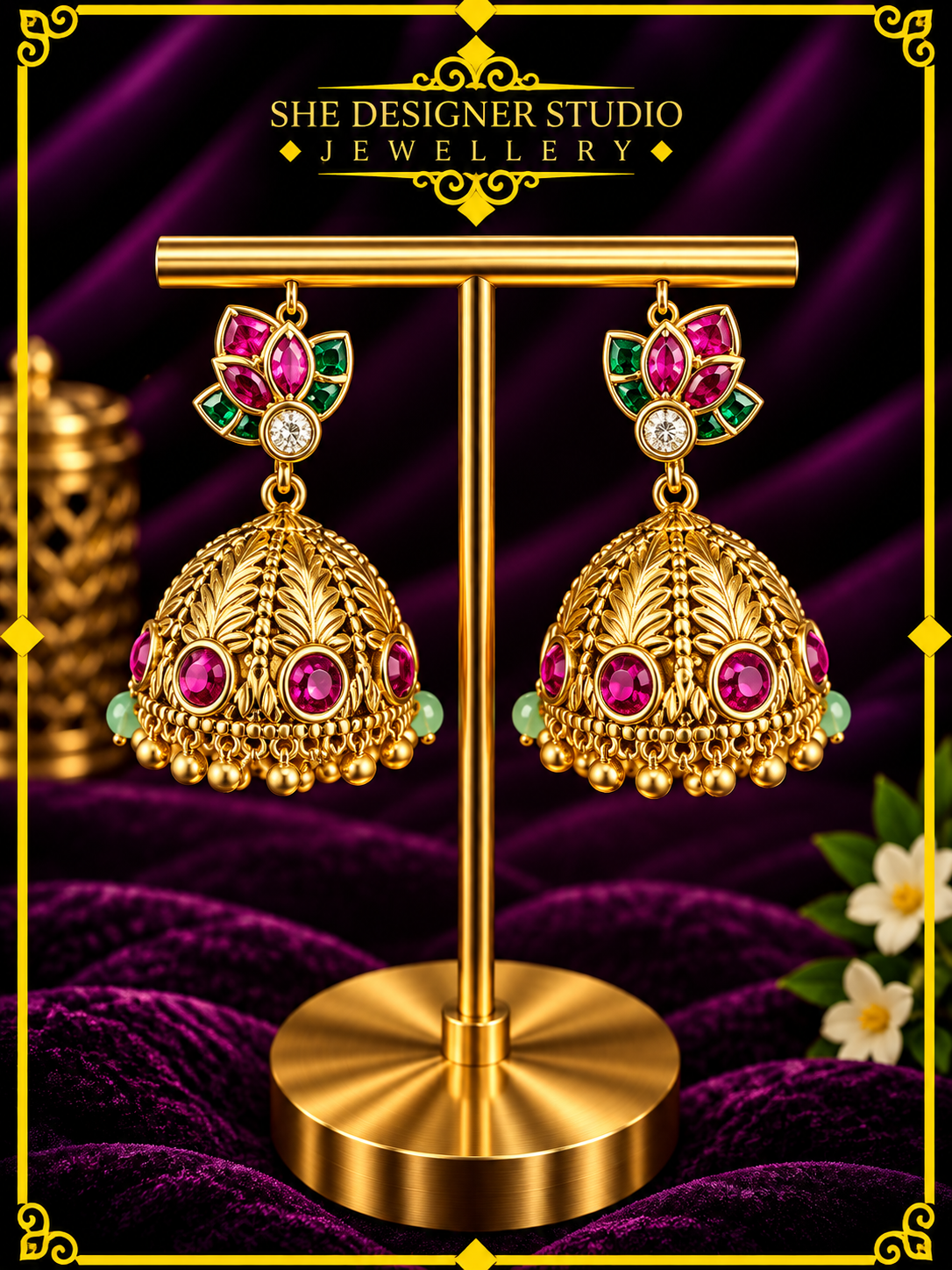 Ruby Emerald Lotus Antique Jhumka Earrings