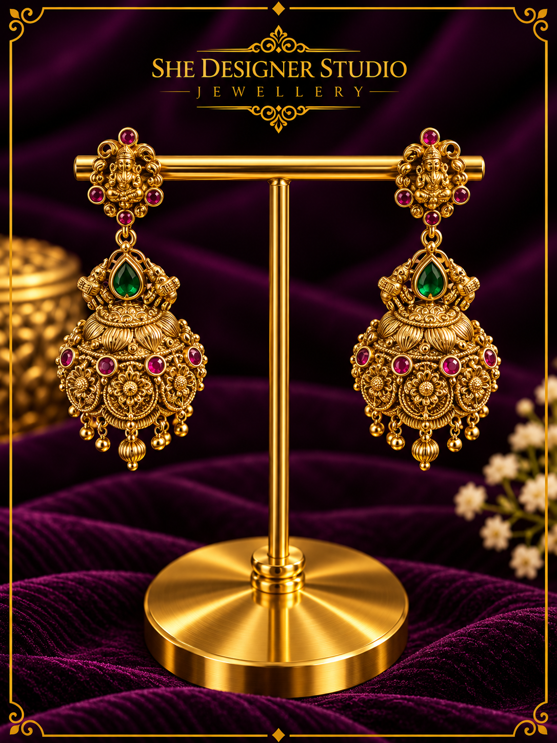 Ganesha Emerald Heritage Temple Jhumka Earrings