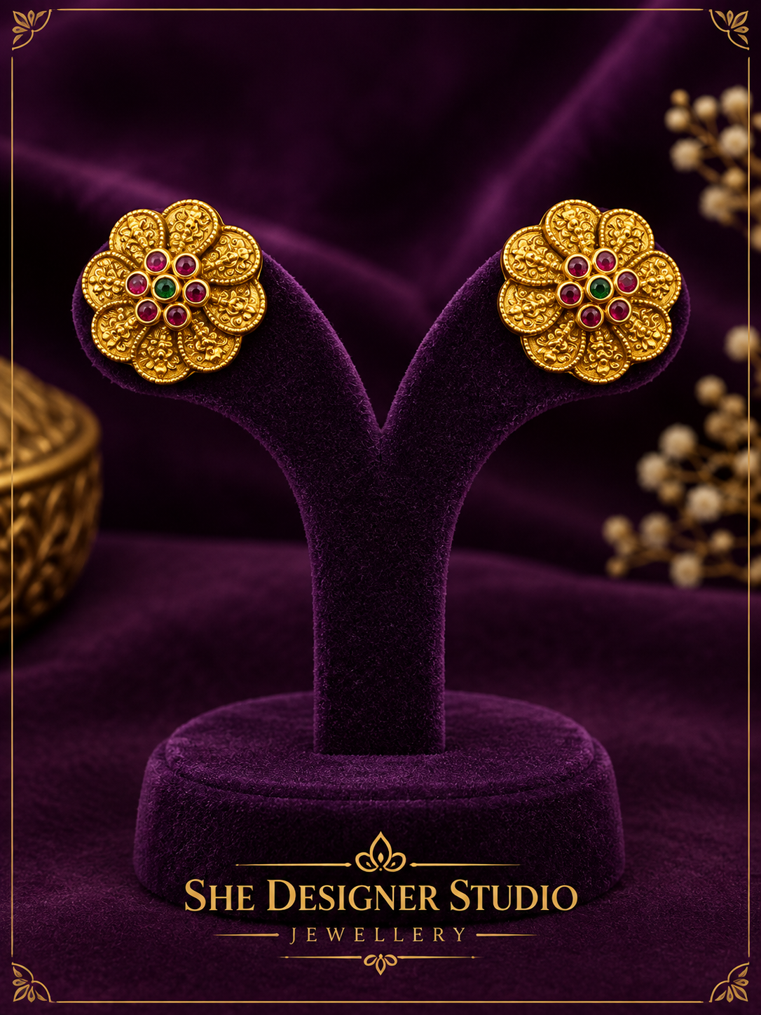 Antique Gold Floral Temple Stud Earrings