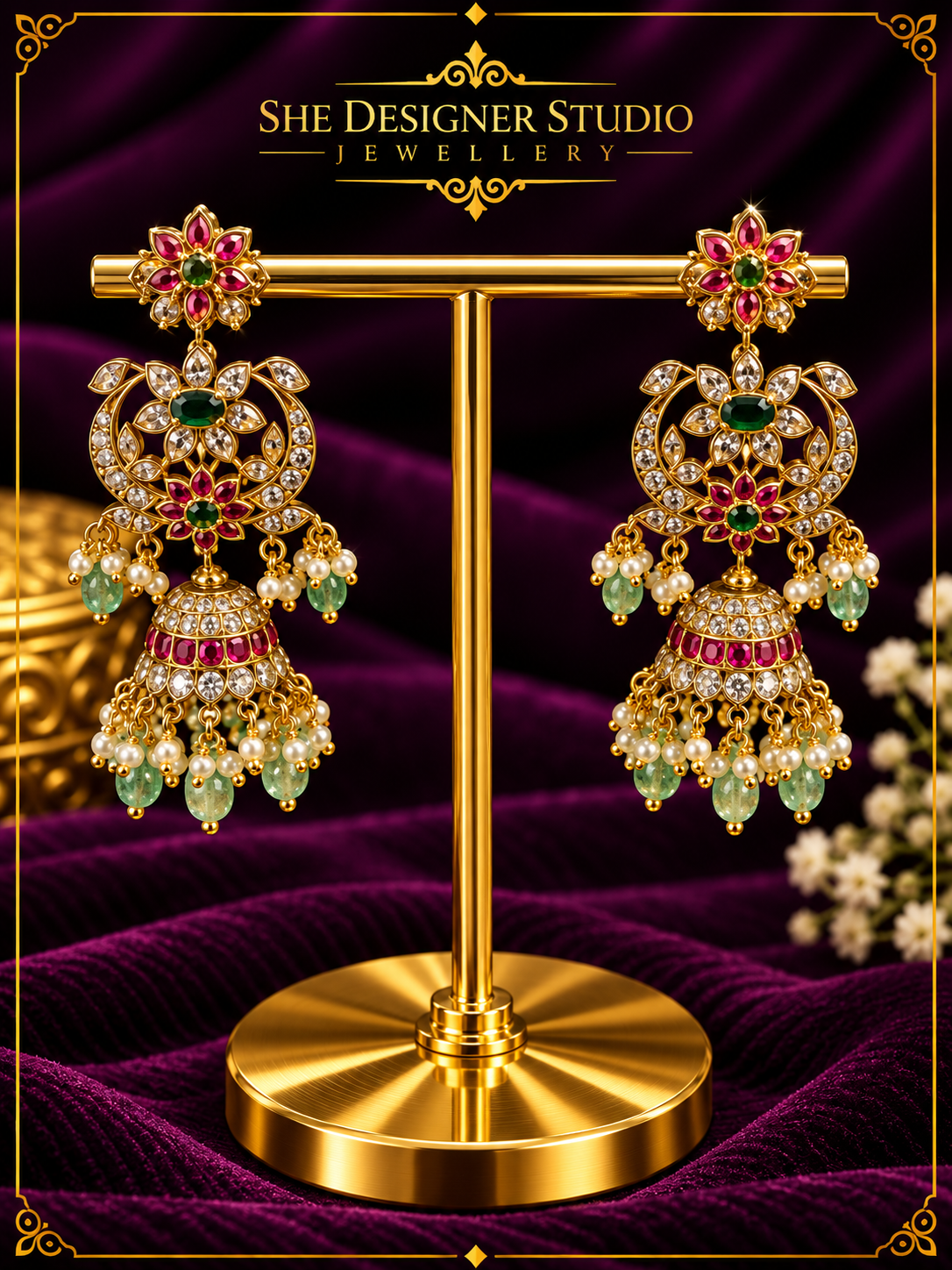 Ruby Emerald Floral Kundan Jhumka Earrings