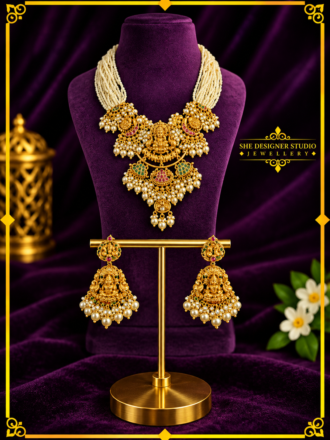 Lakshmi Pearl Temple Bridal Necklace Set