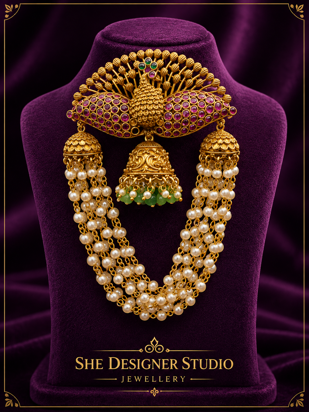 Peacock Pearl Layered Temple Necklace Set