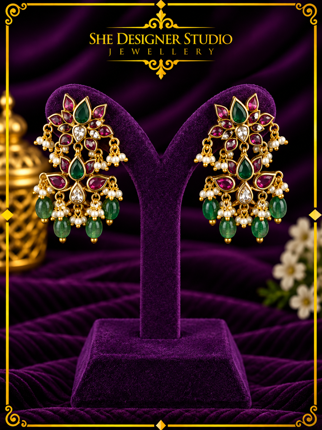 Ruby Emerald Floral Kundan Drop Earrings