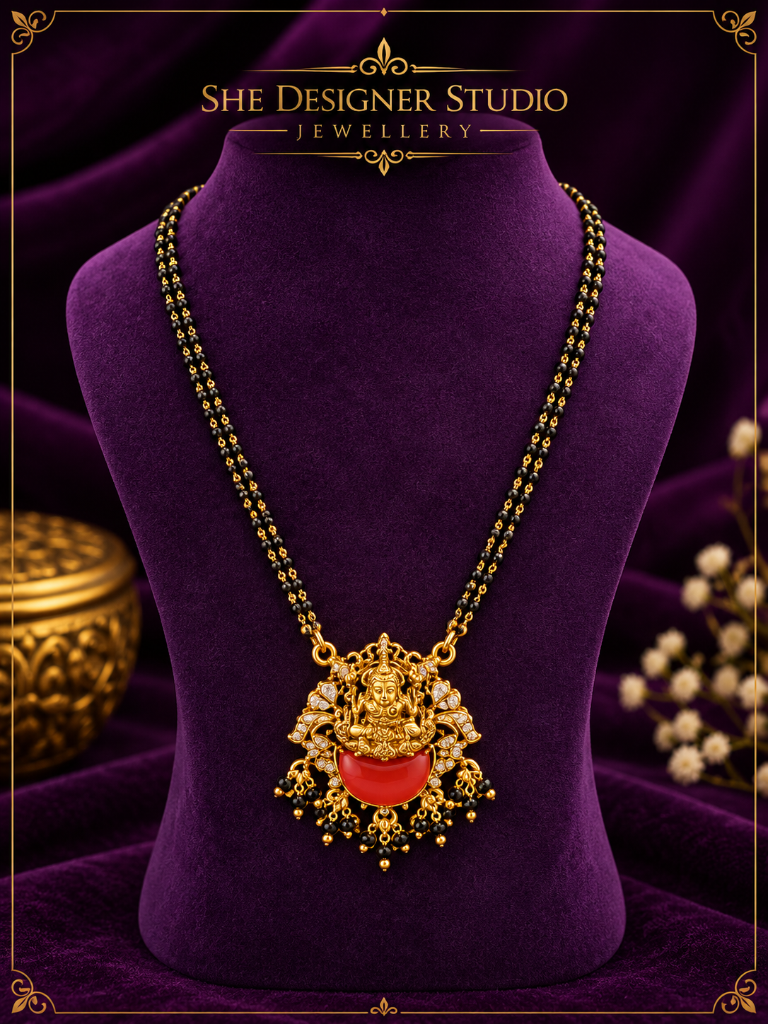 Lakshmi Black Bead Temple Pendant Necklace