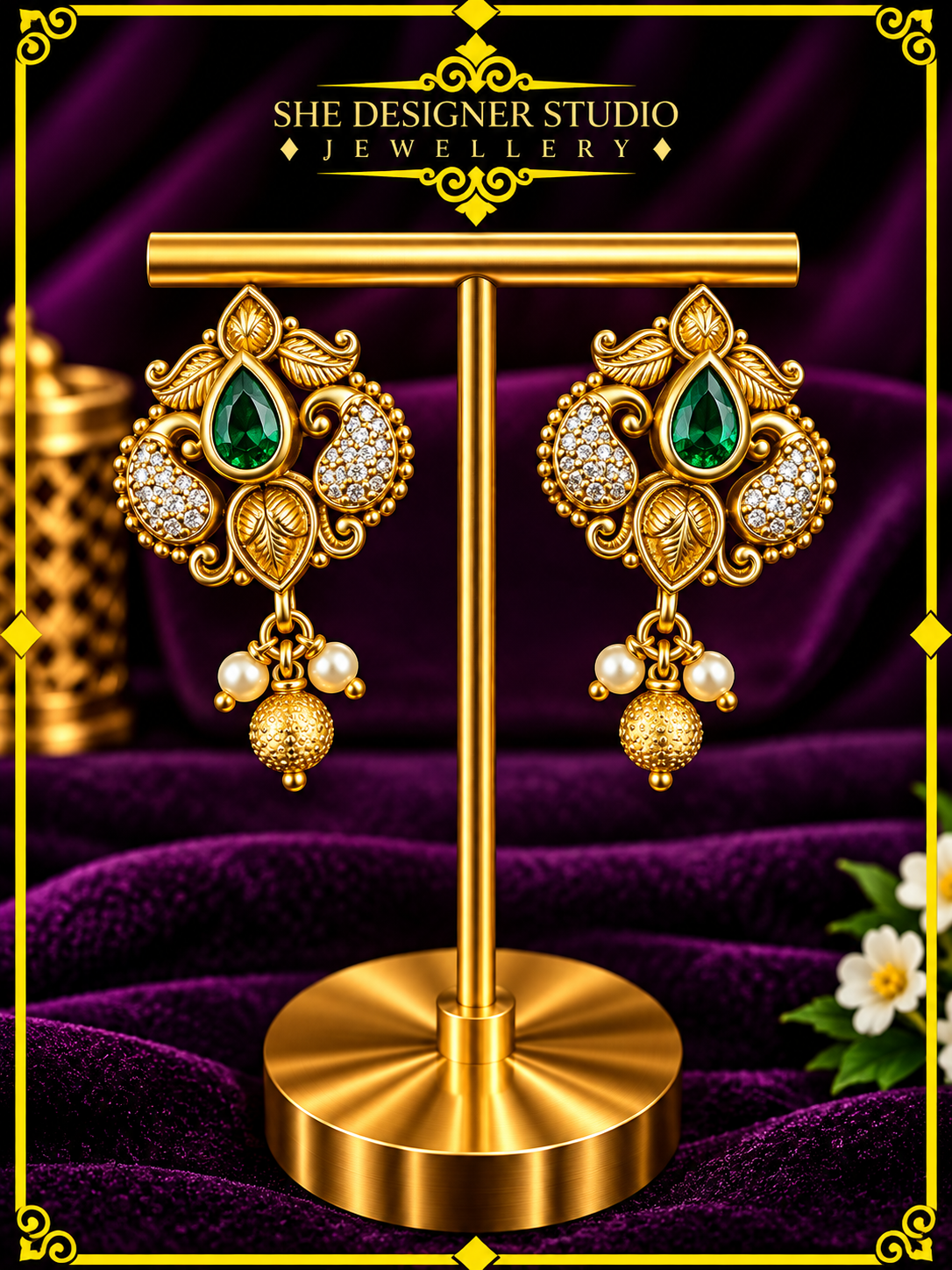 Emerald Paisley Pearl Drop Earrings