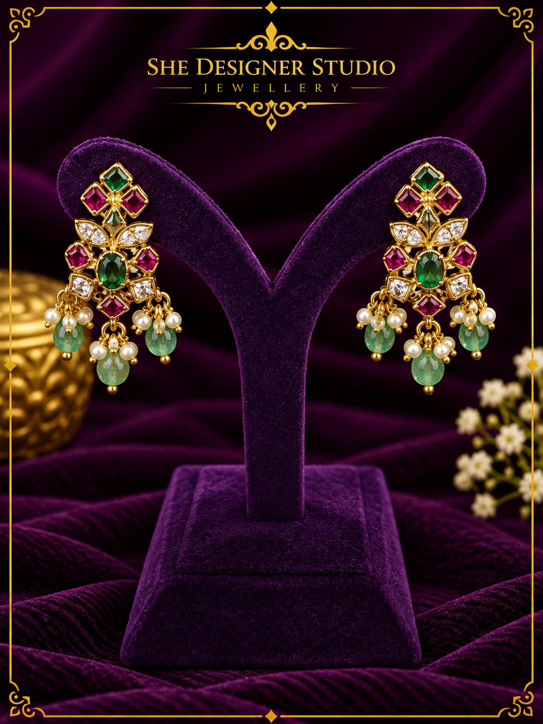 Ruby Emerald Kundan Floral Drop Earrings