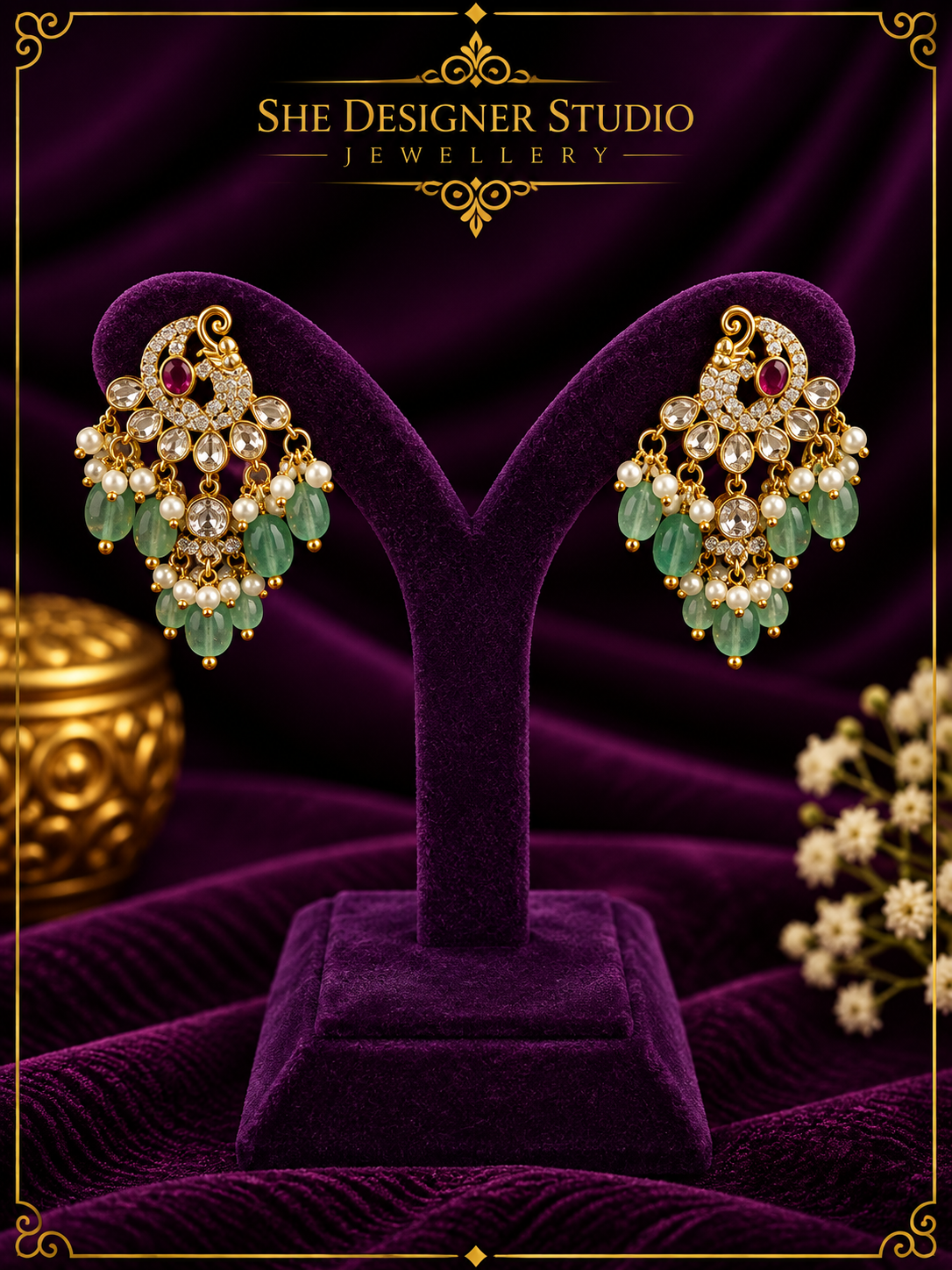Peacock Kundan Pearl Drop Earrings