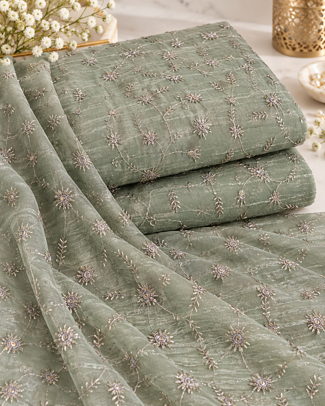 Sage Mist Silver Floral Vine Sequin Embroidered Fabric
