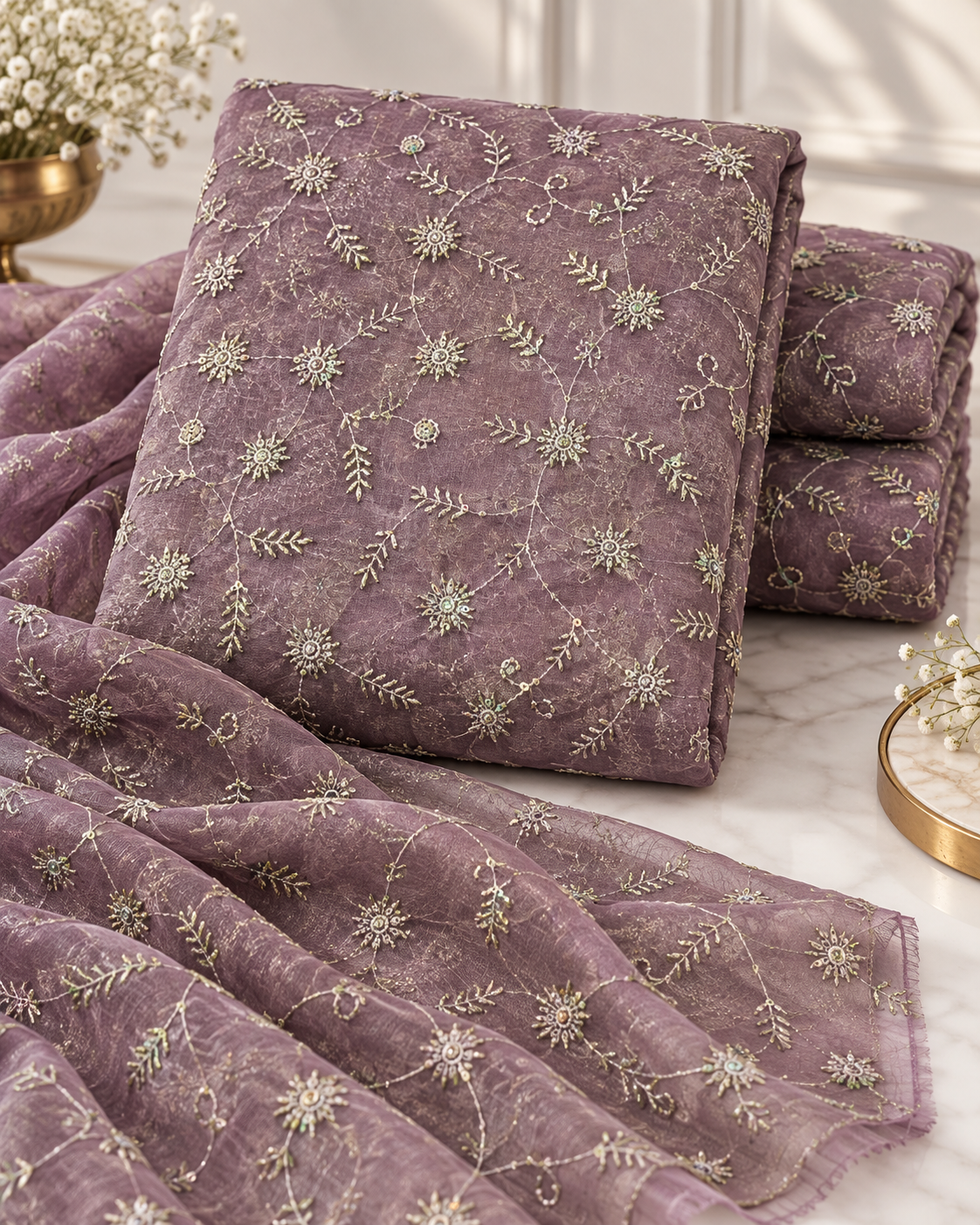 Vintage Mauve Silver Floral Vine Sequin Embroidered Fabric