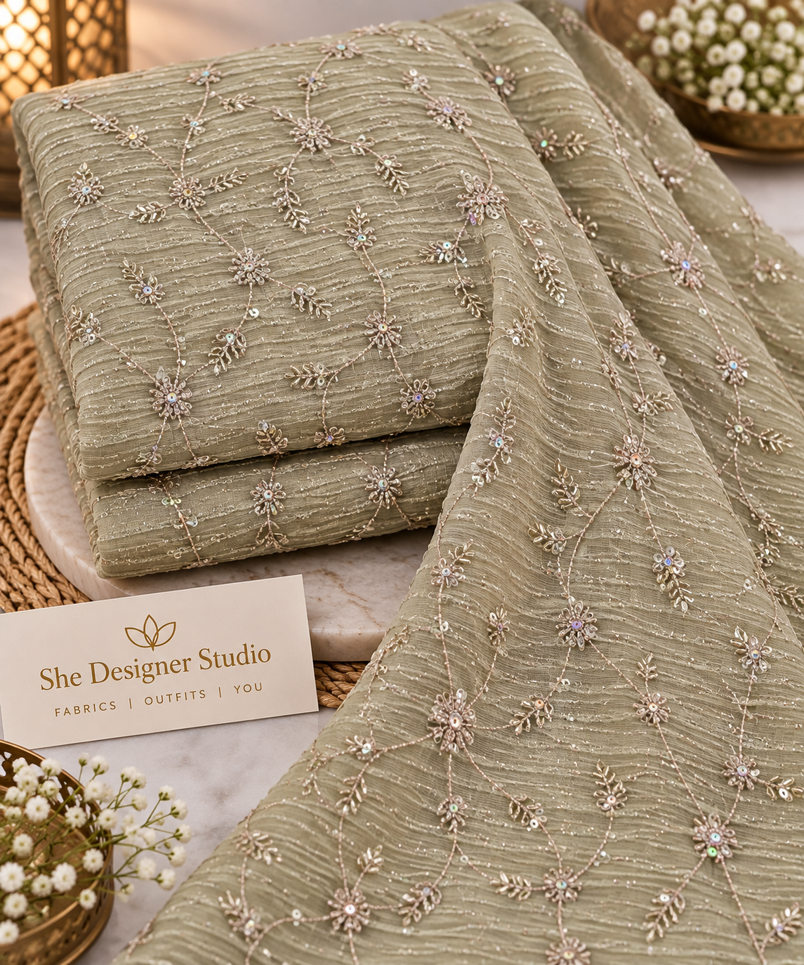 Olive Sage Silver Floral Vine Sequin Embroidered Fabric