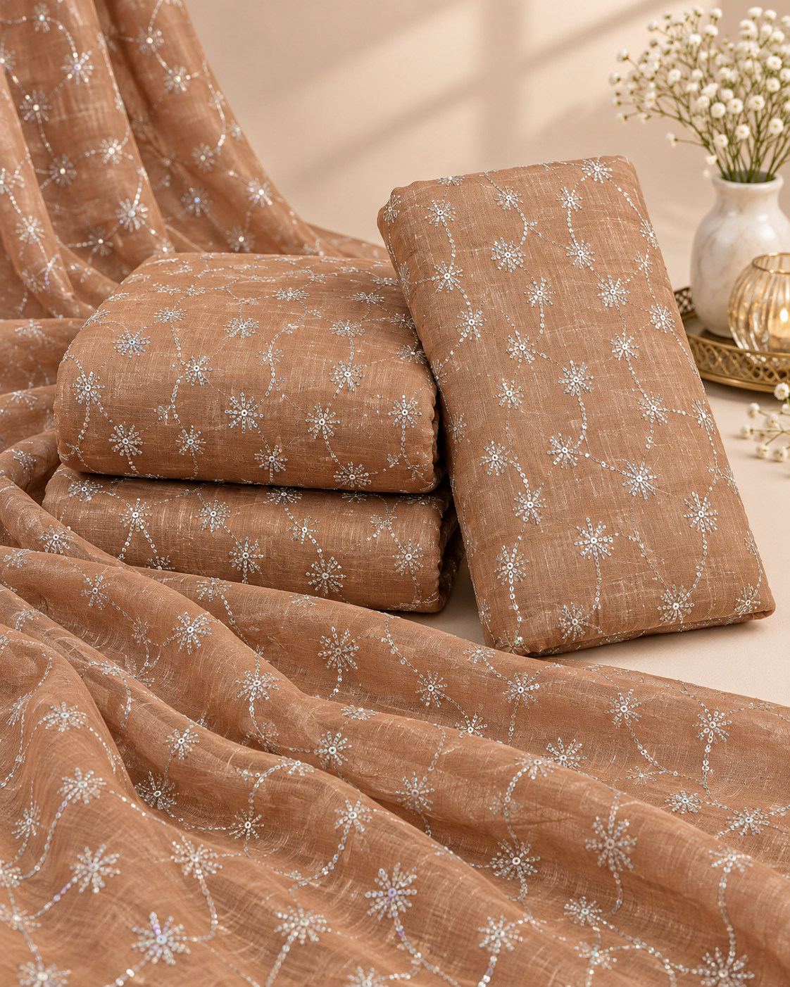 Cinnamon Bronze Silver Floral Sequin Embroidered Fabric