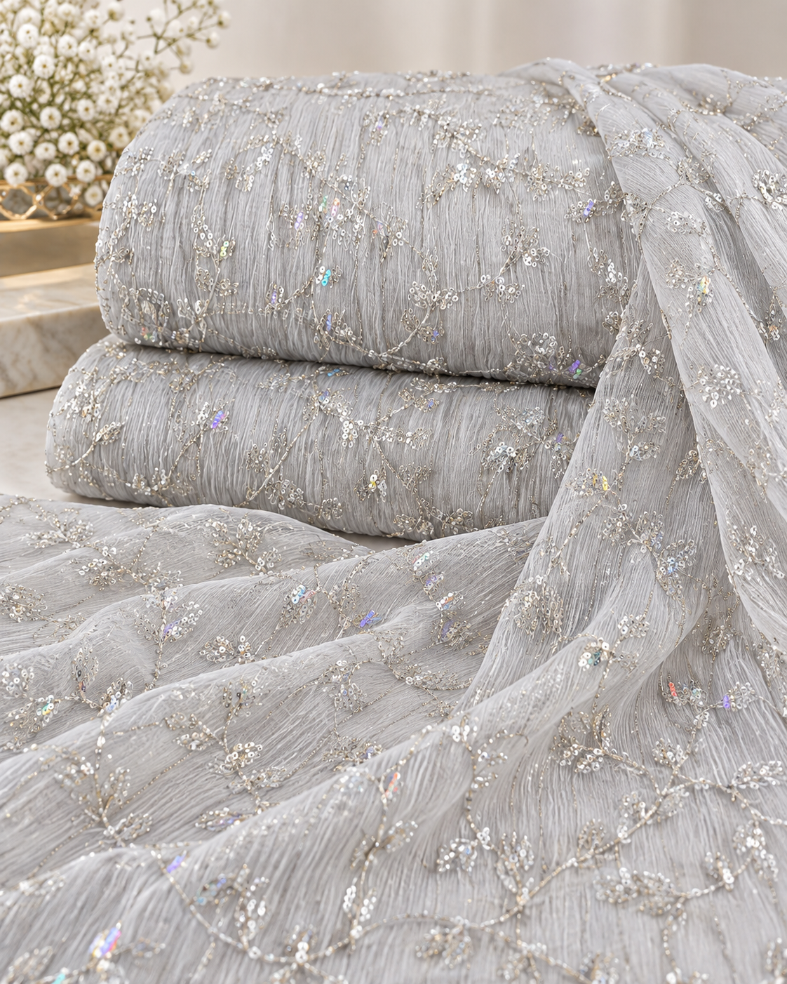 Silver Mist Floral Vine Sequin Embroidered Fabric