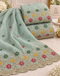 Mint Green Multicolor Floral Embroidered Scallop Border Fabric