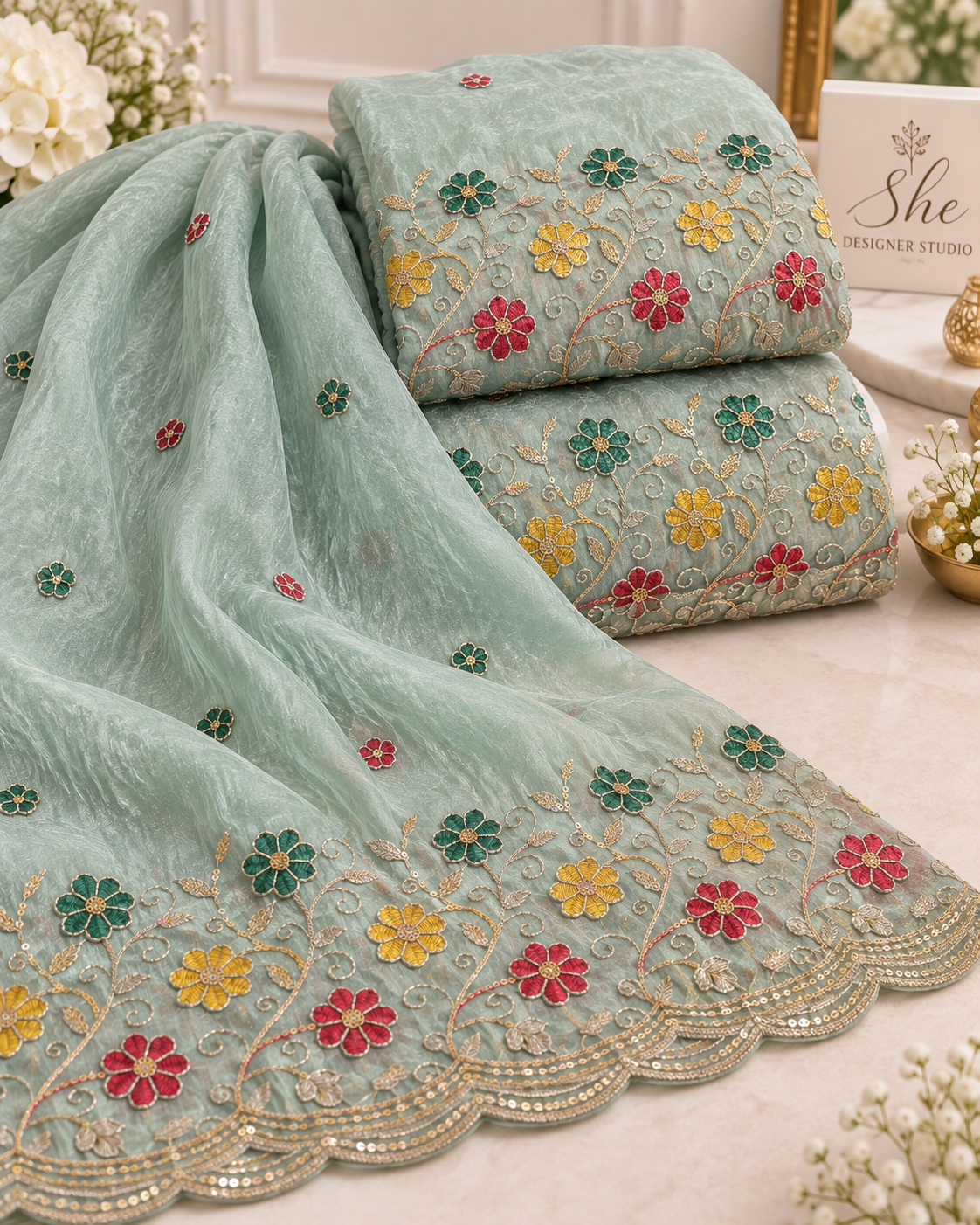 Mint Green Multicolor Floral Embroidered Scallop Border Fabric