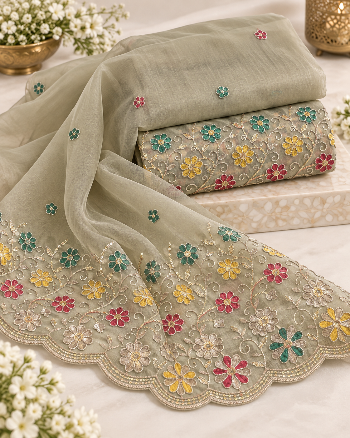 Dusty Rose Multicolor Floral Embroidered Scallop Border Fabric